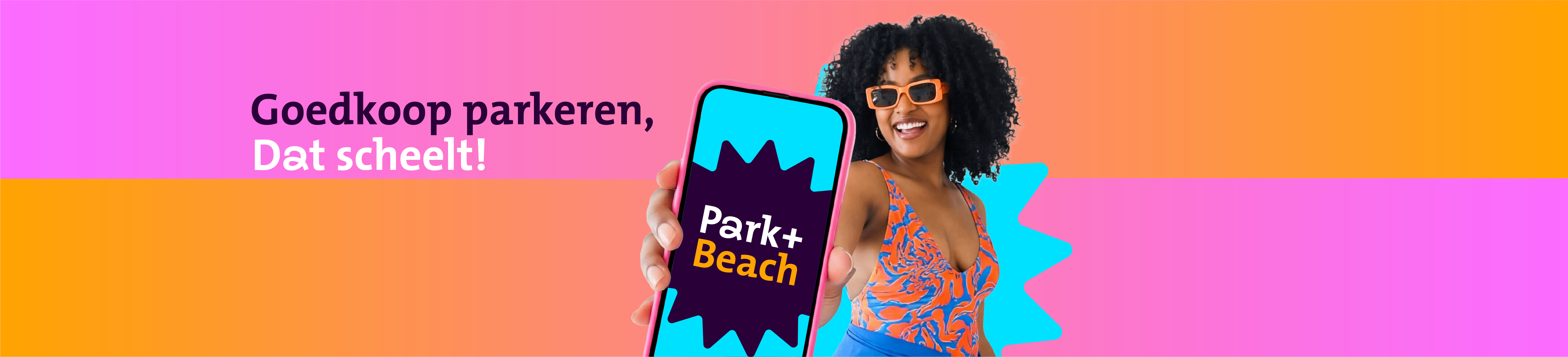 banner van park+beach met vrouw in zwempak en telefoon in haar hand