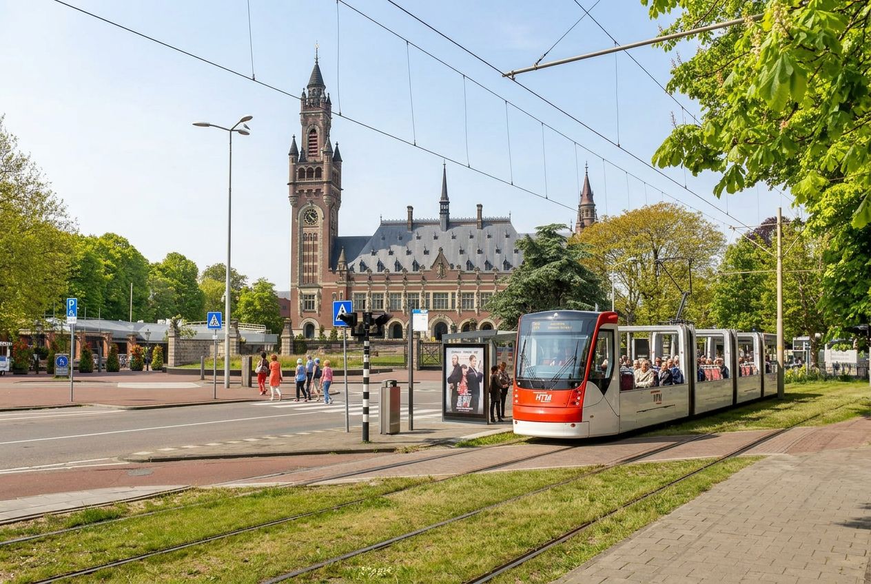 Sightseeing tram HTM bij het Vredespaleis in Den Haag