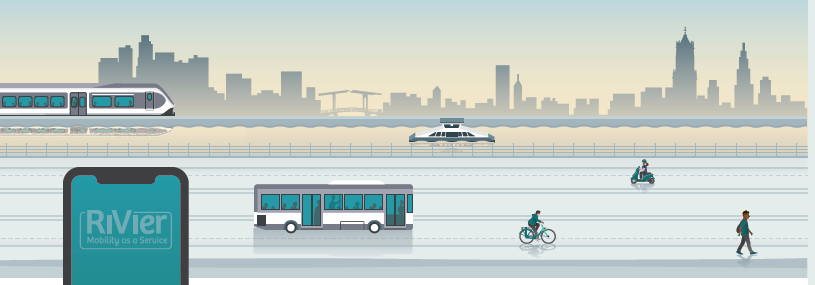 Maas platform met bus fiets trein auto scooter en voetganger